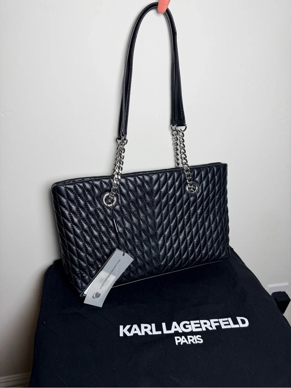 Karl Lagerfeld Black Quilted Tote Silver Chain Straps Paris karolina purse bag - Picture 4 of 8
